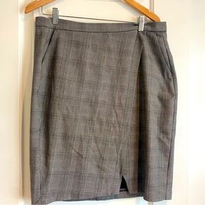Grey and brown plaid wrap pencil skirt. Size 12.